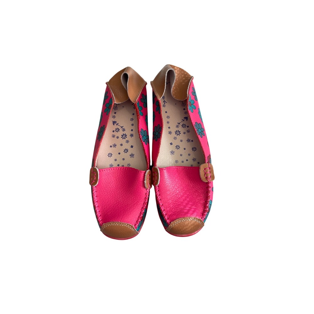 Pink Floral Leather Driving Loafers with Remote Control Soles Size 39 8.5
